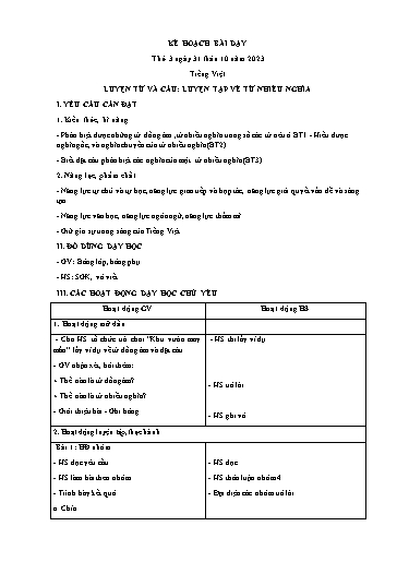 Kế hoạch bài dạy Tiếng Việt Lớp 5 (Luyện từ và câu) - Bài: Luyện tập về từ nhiều nghĩa - Năm học 2023-2024 - Nguyễn Thị Mỹ Linh