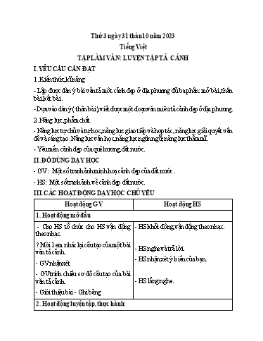 Kế hoạch bài dạy Tiếng Việt Lớp 5 (Tập làm văn) - Bài: Luyện tập tả cảnh - Năm học 2023-2024 - Phan Thị Ánh Tuyết